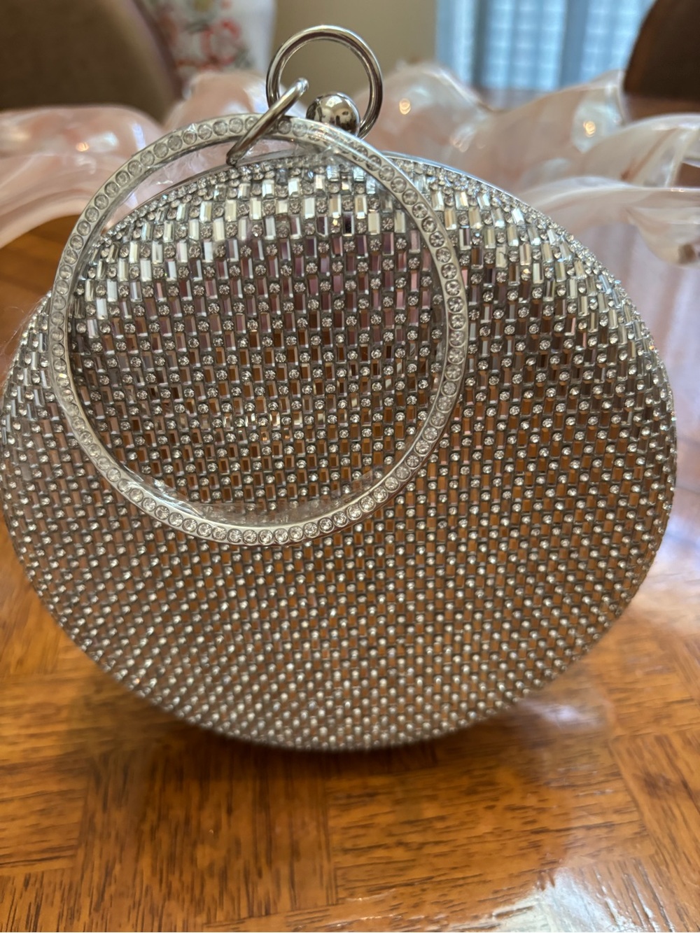Silver Crystal Round Wristlet Clutch